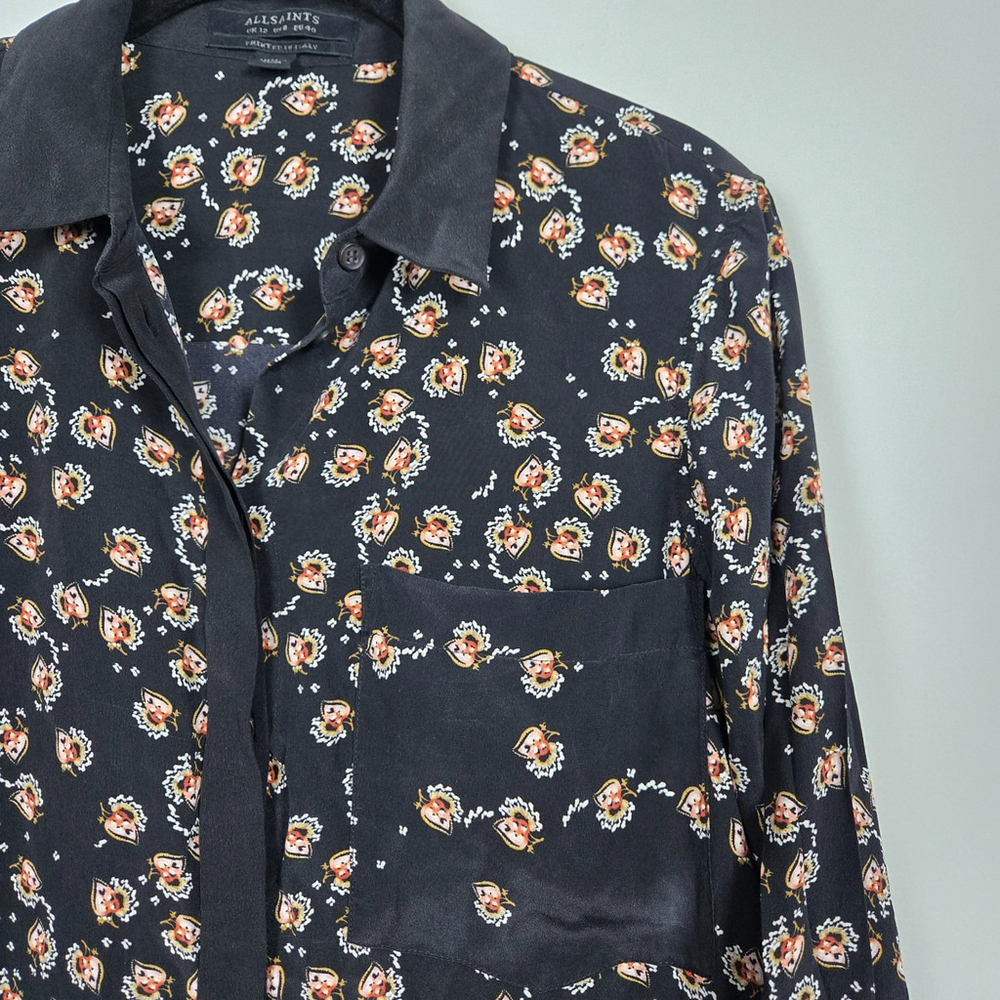 AllSaints Womens Floral Silk Shirt Dress Size 8 Black Quiet Luxury Asymmetric - Picture 3 of 8